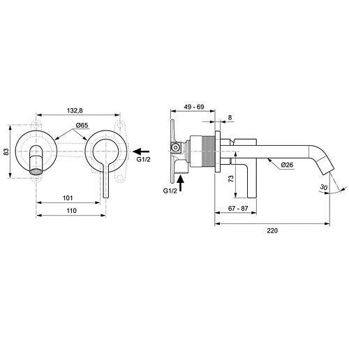 Ideal Standard Joy Cмеситель для раковины, встраиваемый, излив: 22.5см, без комплектом №1 A1313NU, цвет: PVD Silver Storm