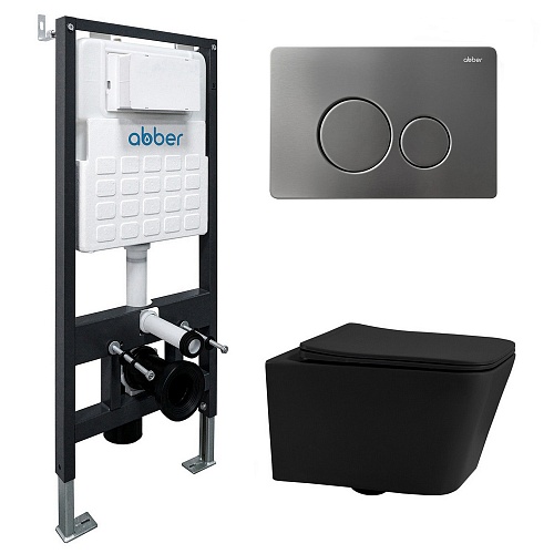 Комплект подвесной унитаз ABBER Rechteck AC1201MB черный матовый с инсталляцией AC0105 и кнопкой AC0121MCH матовый хром