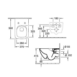 Villeroy&Boch Venticello Унитаз подвесной 375*560*330, безободковый, в комплекте сиденье SlimSeat Line c микролифтом, CeramicPlus, цвет альпийский