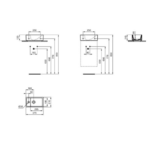Ideal Standard i.life S Раковина 370х210xh120 мм, подвесная, с отв. под смес. слева, без перелива, без крепежа, цвет: белый глянец