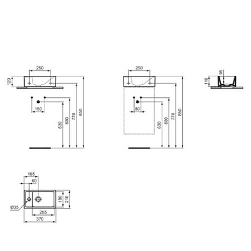 Ideal Standard i.life S Раковина 370х210xh120 мм, подвесная, с отв. под смес. слева, без перелива, без крепежа, цвет: белый матовый