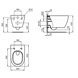 Ideal Standard i.life O Унитаз подвесной 535х350 мм безободковый+смыв:HydroTwist (торнадо), с крепежом, цвет: белый глянец (Акция из наличия)