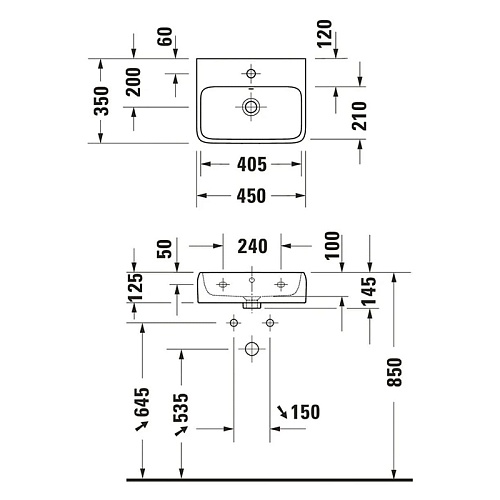 Duravit Qatego Раковина 45х35х12.5см., подвесная, без отв., цвет: белый
