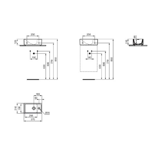 Ideal Standard i.life S Раковина 370х210xh120 мм, подвесная, с отв. под смес. справа, без перелива, без крепежа, цвет: белый глянец