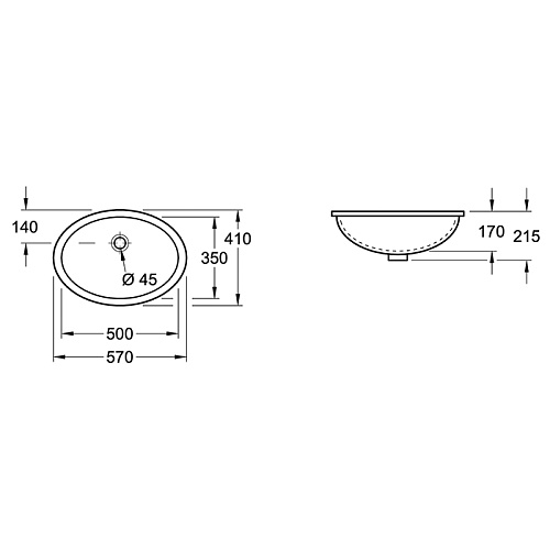 Villeroy&Boch Evana раковина 500x350 мм, для установки под столешницу, наружная сторона глазурь, Evana, округлая, с переливом, цвет альп. белый