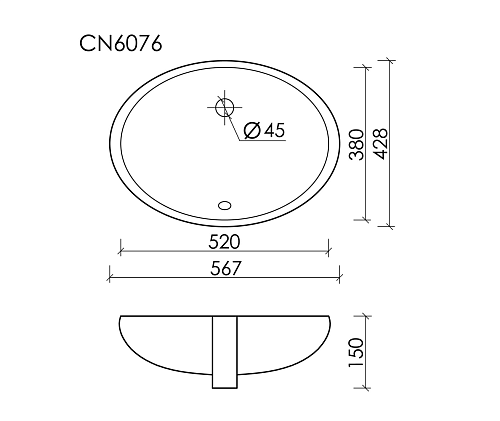 Раковина встраиваемая под столешницу CERAMICANOVA Element 567x428x150 мм, с отверстием перелива, с крепежом и шаблоном для установки, арт. CN6076