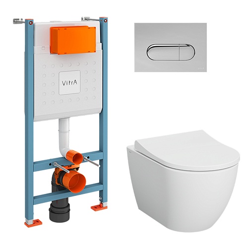 Инсталляция с унитазом VitrA Mia Round 9873B003-7201 комплект 4 в 1 с сиденьем микролифт безободковый цвет клавиши глянцевый хром