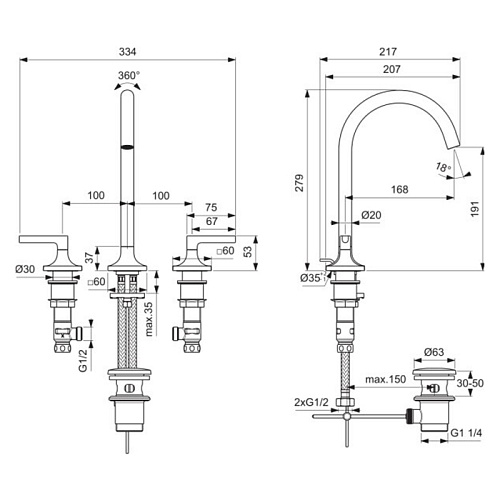 Ideal Standard Joy Neo Смеситель для раковины, на 3 отв, с донным клапаном, цвет: хром