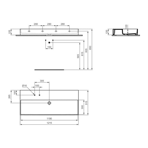 Ideal Standard Solos Раковина подвесная 120х50см, с 2 отв, без перелива, цвет: черный глянцевый