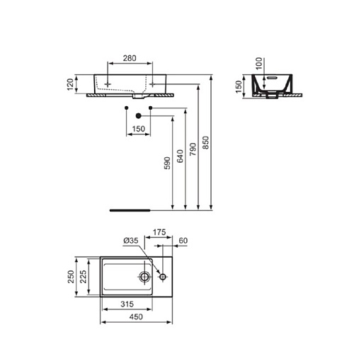 Ideal Standard Extra Раковина 450х250xh120 мм, подвесная, с отв. под смес. справа и переливом, с крепежом цвет: белый глянец
