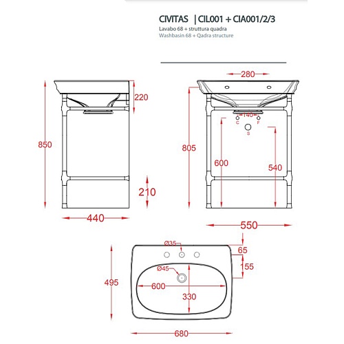 Artceram CIVITAS Структура металлическая Quadra для раковины 68 см, полка сетка, цвет хром
