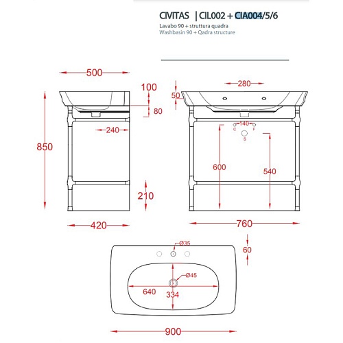 Artceram CIVITAS Структура металлическая Quadra для раковины 90см, цвет хром