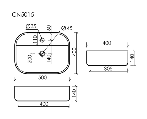 Умывальник чаша накладная прямоугольная Element 500x400x140мм