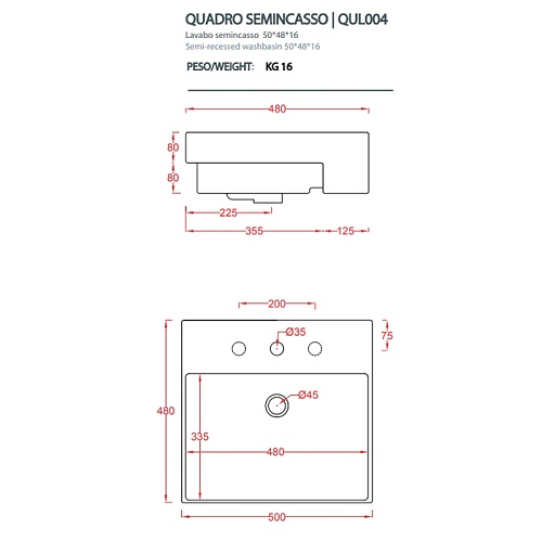 Artceram QUADRO Semincasso Раковина накладная полувстраиваемая 50х48 см, с 1 отв под смеситель, со слив переливом, цвет белый.