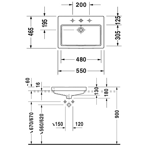 Duravit Vero Раковина 55x46.5см., встраиваемая, 1 отв., с переливом, цвет: белый