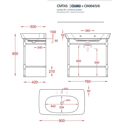 Artceram CIVITAS Раковина-консоль подвесная 90х50 см, са 1 отв под смес. с крепл, цвет белый (С нашего склада Продаем с ножками  CIC002 01 00)