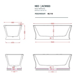 Artceram NEO Ванна отдельностоящая, 180х85хh65см, с переливом и слив.крышкой, Livingtec  (с сифоном ACA062), цвет: черный глянцевый